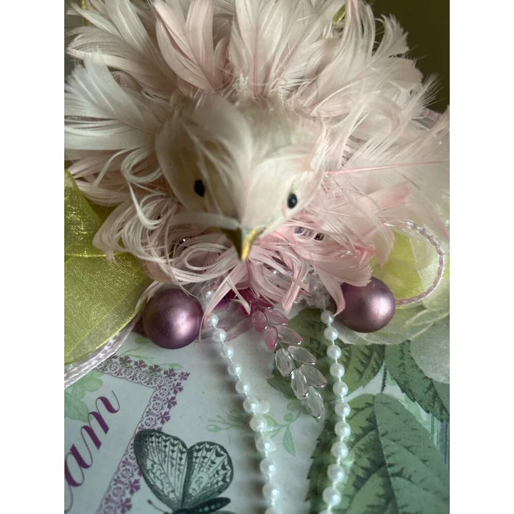 Handcrafted Floral Decorative Storage Box With Pink Feather Bird & Beads